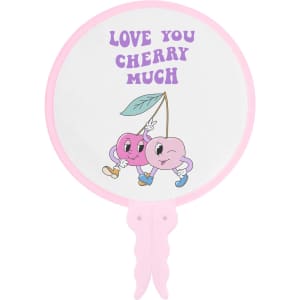 A round hand mirror with a pink handle featuring cute cherry characters and the text "Love You Cherry Much."