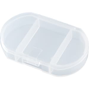 A clear, oval, three-compartment pill box made of plastic, featuring a simple clasp closure.
