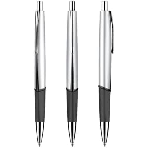 Three plastic pens in silver and black, featuring a sleek design and clip. The pens have a logo on them.