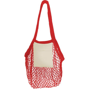 A red mesh tote bag with a cream cotton panel and shoulder straps. It features a logo on the front.