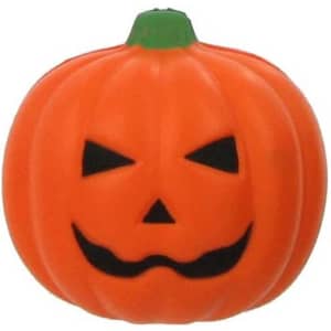 A smiling orange pumpkin stress reliever with black facial features and a green stem.