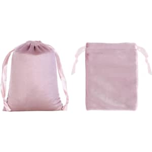 A set of silk velvet drawstring bags in a soft pink hue, featuring a smooth texture and matching ribbon ties.