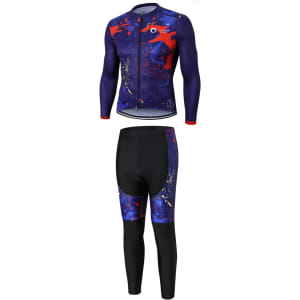Men's sublimated cycling tights featuring a vibrant purple design with abstract patterns and a matching long-sleeve jersey.