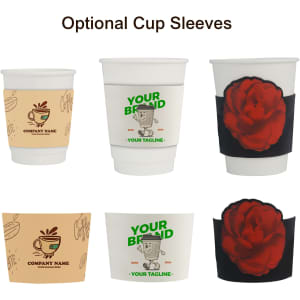 Three white paper cups with optional colourful sleeves in various designs, including floral and brand logos.