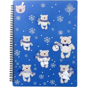 A blue loose-leaf folder features cute bears in winter outfits, surrounded by snowflakes and decorations. It has a spiral binding.
