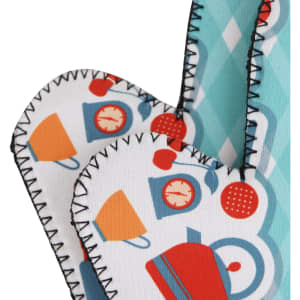 A pair of neoprene oven mitts featuring colourful patterns of kitchen items, with a turquoise background.