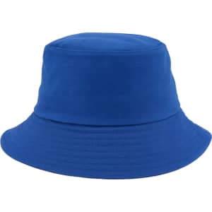 A blue cotton bucket hat with a wide brim and a rounded crown, featuring a logo.