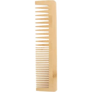 A bamboo comb with wide and narrow teeth, featuring a natural wood finish and a smooth design.