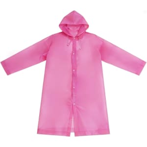 A pink reusable PEVA raincoat with a hood and buttons, designed for adults. It features a logo on the chest area.