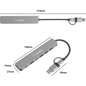 A silver 7 in 1 USB hub with multiple ports, featuring a connector cable. It has a logo and dimensions indicated.