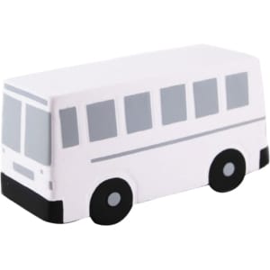A white bus-shaped stress reliever with grey accents and black wheels, featuring a branding logo.