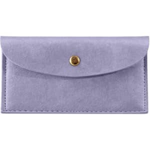 A purple PU leather glasses pouch with a gold snap button closure and stitched detailing.