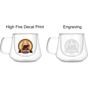 A clear double wall glass mug with a handle, featuring a high fire decal print and an engraved design.