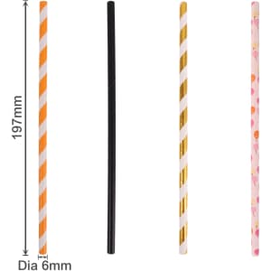 Four straight drinking paper straws are displayed: an orange and white striped straw, a black straw, a gold and white striped straw, and a pink floral straw.