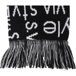 Acrylic fibres scarf in black and white with a fringed edge and a logo design.