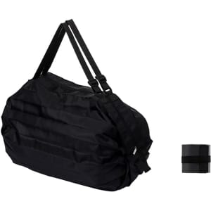 A foldable black shoulder bag with adjustable straps, shown alongside a compact folded version.