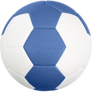 A blue and white thermal bonded handball featuring a hexagonal design and a textured surface.