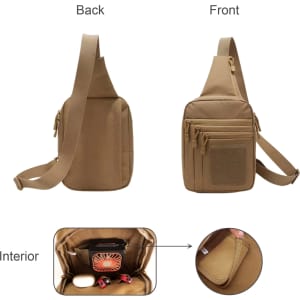 A tactical sling bag in a tan colour, featuring multiple compartments and a textured panel for attachment.