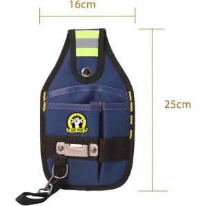 A navy blue portable tool waist pouch with multiple pockets and a logo, featuring reflective stripes for visibility.