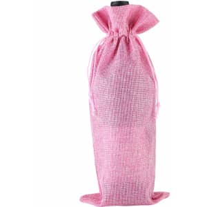 A pink drawstring bag designed for holding a wine bottle, featuring a simple logo on the surface.