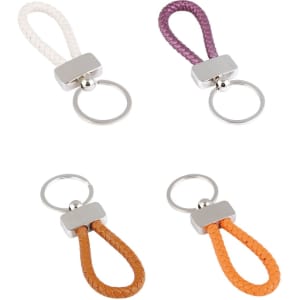 A set of four metal keyring tags featuring leather loops in cream, purple, orange, and brown colours.