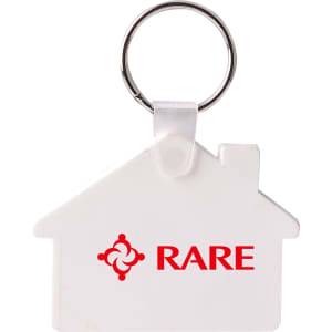 A house-shaped white keyring with a silver keyring attachment and a logo on one side.