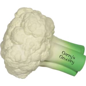 A cauliflower-shaped stress reliever in white and green, featuring a logo. Ideal for fun and games.
