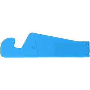 A V-shaped phone stand in bright blue, featuring a sleek design and a logo on the surface.