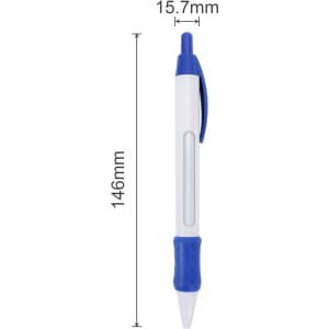 A blue and white pen featuring a transparent window and a clip design. It has a rounded end and rubber grip.