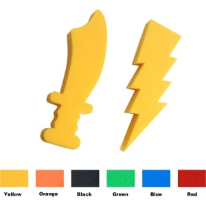 A yellow foam sword and lightning bolt are featured, alongside swatches of yellow, orange, black, green, blue, and red.