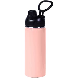 A drink bottle in soft pink with a black lid and carry handle, featuring a sleek, stainless steel design.