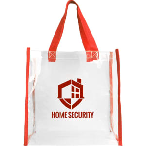 A clear tote bag with red handles featuring a logo on one side.