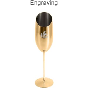 A stainless steel slanted champagne flute in gold, featuring a simple design and a logo on the surface.