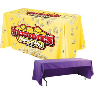 A yellow and purple 3-sided throw tablecloth for a 6ft table, featuring a logo and popcorn design.