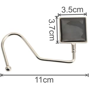 A silver desk hook with a square black head and a curved arm, measuring 11 cm in length.