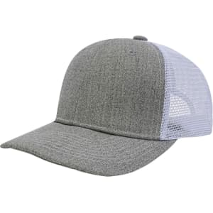 A grey trucker hat with a mesh back and curved visor. Features a logo on the front.