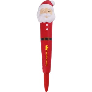 A red pen featuring a Santa Claus head as a stress reliever, with a logo on the barrel.