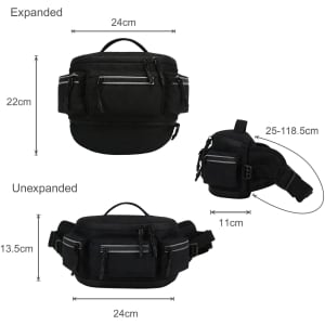 An expandable black bum bag with multiple zippered pockets, showing dimensions for both expanded and unexpanded states.