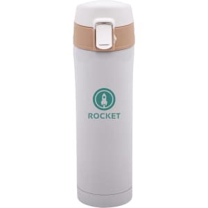 A drink bottle featuring a sleek white design with a brown flip top and a logo. Ideal for keeping beverages hot or cold.