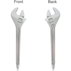 A spanner-shaped ballpoint pen in silver with a front and back view. It features a logo.