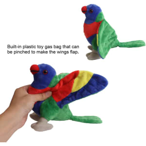 A colourful lorikeet plush toy with vibrant red, green, blue, and yellow fabric, featuring flappable wings.