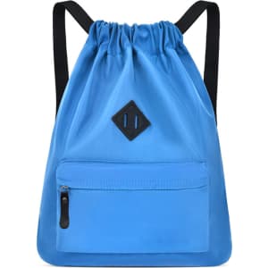 A lightweight drawstring backpack in a vibrant blue colour with a black zippered front pocket and a logo.