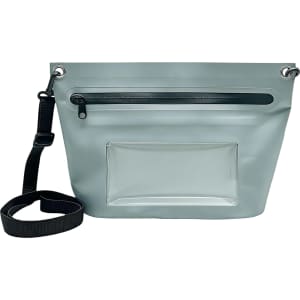 A PVC crossbody phone bag in light grey with a transparent pocket and adjustable strap. Features a top zip closure.