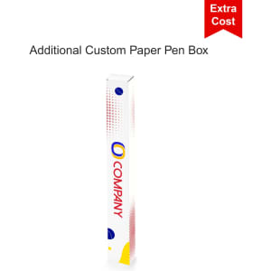 A tall, slim paper pen box with a logo, featuring a white and yellow design. It has a red banner indicating extra cost.