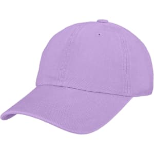 A purple baseball cap made from washed cotton, featuring an adjustable strap and a logo on the front.
