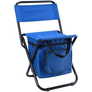 A blue foldable camping chair with a built-in cooler bag and black frame. It features a storage pocket on the front.