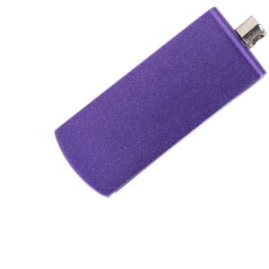 A purple flash drive with a smooth texture and a silver connector. It features a branding logo.