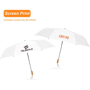 A white triple folding RPET umbrella with a black handle, featuring logos on the canopy.