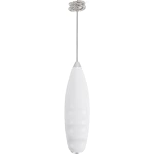 A milk frother in white with a stainless steel whisk and a decorative handle. It has a sleek, modern design.
