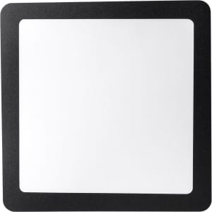 A square mouse mat featuring a white centre and a black border, with a logo in one corner.